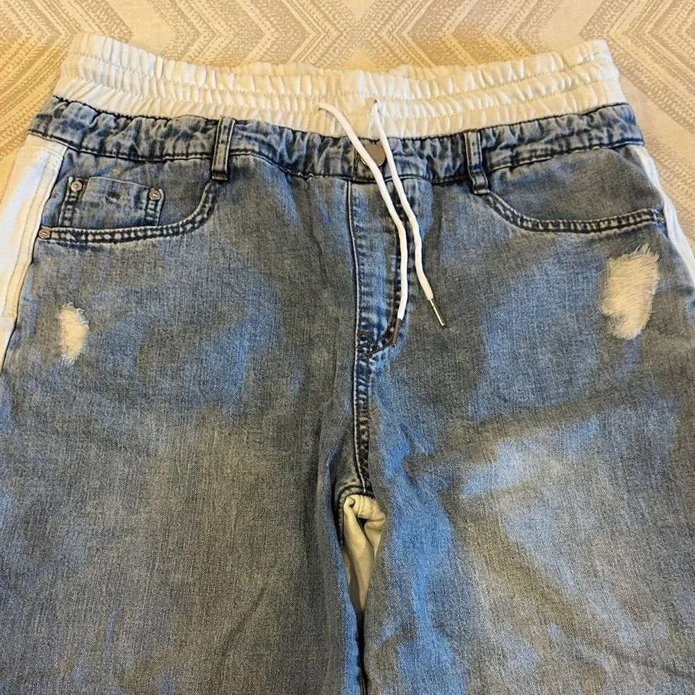 Tractr Reconstructed Ripped Denim Front White French Joggers Size M